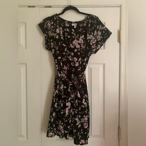 Motherhood Maternity size medium black dress with pink/purple flowers and belt